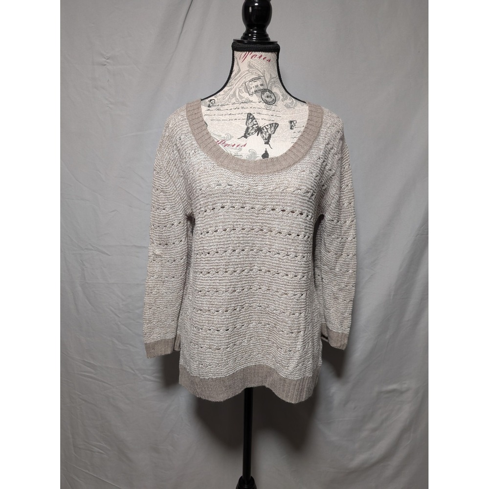 New York & Company Women's Neutral Beige Open Knit Scoop Neck Sweater Size Large